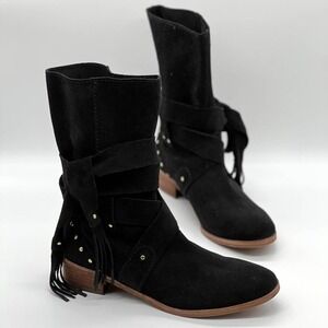 SEE BY CHLOE Slouch Boots Women 38.5 Black Suede Studded Fringe Wrap Ankle Shoes